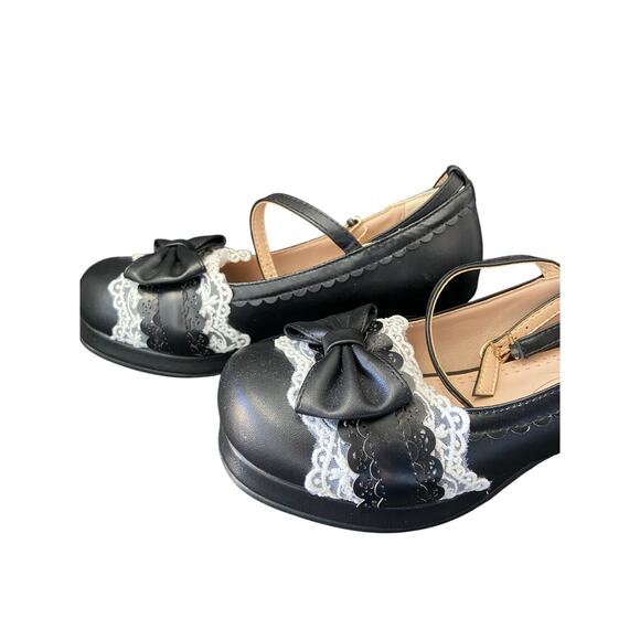 FALL SEASON WOMEN Black Mid Pumps Preppy, Bow Platform Chunky Size 8.5 IN HEELS - Picture 3 of 7